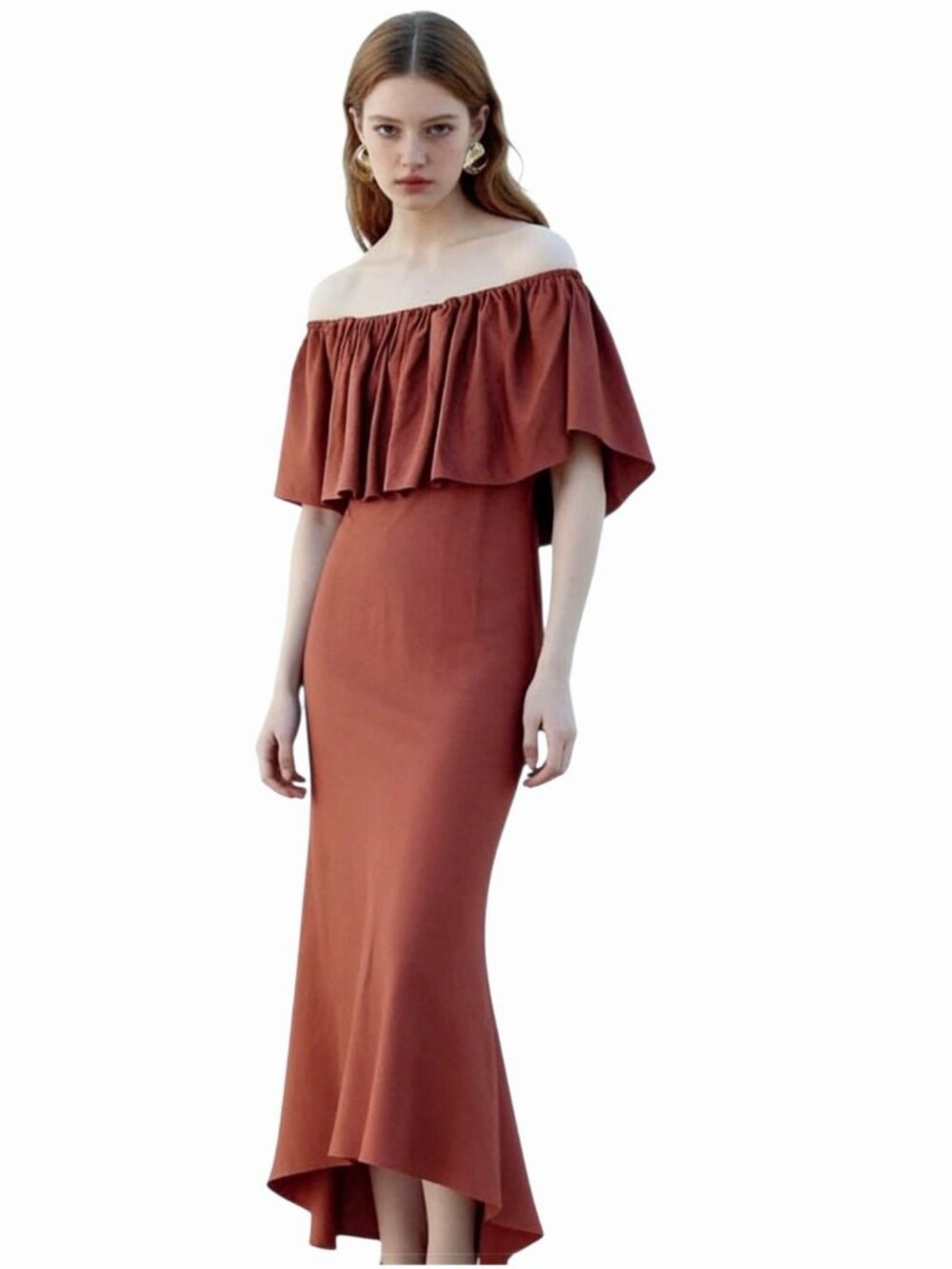 ZARA Women's Dress Off Shoulder Linen Ruffles Neckline Terracotta Orange SMALL